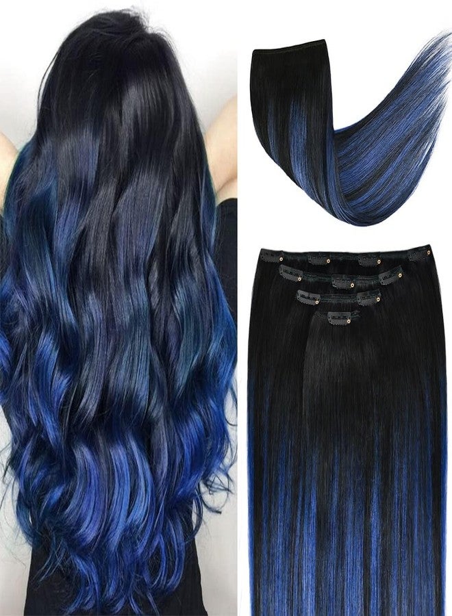 Winsky 16" Clip in Hair Extensions Remy Human Hair Blue Balayage for Women - Silky Straight 100% Real Human Hair 55grams 4pieces #(1B/Blue) T1B Color - Image 1